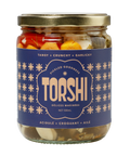 Jar of Torshi with a blue label on a white background
